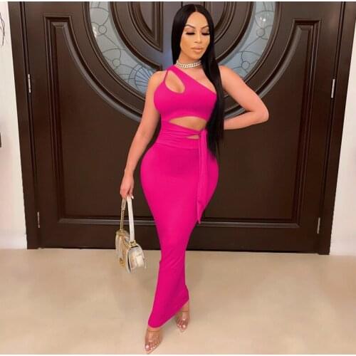 TNNAOFF 2 Piece Skirt Set for Women Birthday Outfits Bandage Hollow Out Crop Top Summer Sexy Bodycon Long Dresses Matching Sets