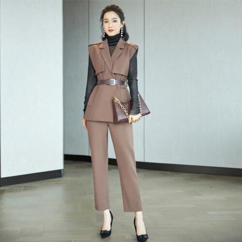 Womens Spring Autumn New Khaki High-Quality Professional Two-Piece Suits Belt Vest+ Straight Pants Sets Female