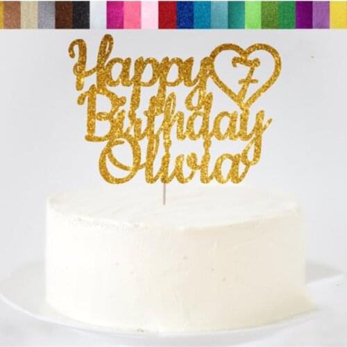 ANY NAME & AGE Custom Happy Birthday Cake Topper with Heart, Happy Birthday Name Topper, Personalized Happy glitter Cake Topper