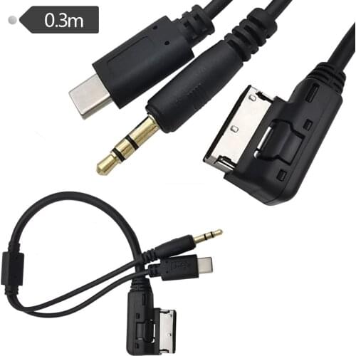 Media to Stereo 3.5mm Audio & USB-C Auxiliary Adapter Cable in AMI MDI for Car Volkswagen AUDI 2014 A4 A6 Q5 Q7 30cm/0.3m