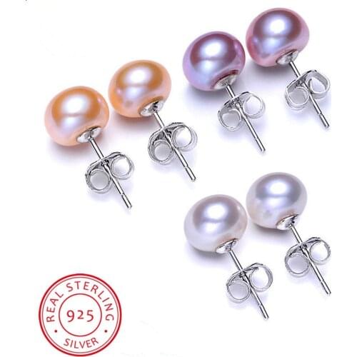 Cute Female 6/8/10mm Round Stud Earrings Boho White Pink Pearl Earrings 100% Real 925 Sterling Silver Earrings For Women