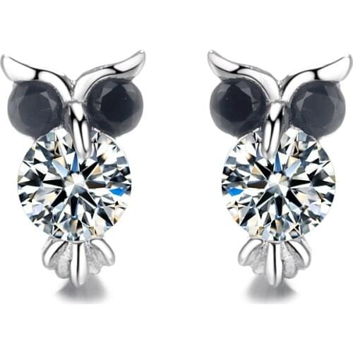 Cute Female Black Owl Earrings Real 925 Sterling Silver Wedding Earrings For Women Small Animal Stud Earrings