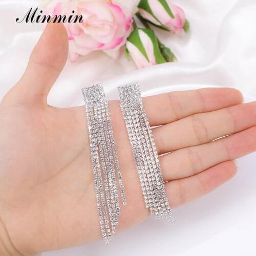 Minmin Luxury Gold Silver Color Crystal Wedding Clip Earrings for Women Long Tassel Earrings Fashion Jewelry EH424