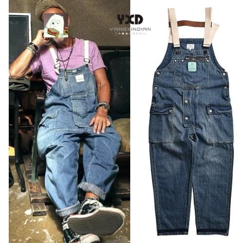 New Cotton Old fashioned Mens Multi-pocket Button Loose Bib Overalls Hip Hop cargo pants Suspenders Jumpsuits Coveralls Wash