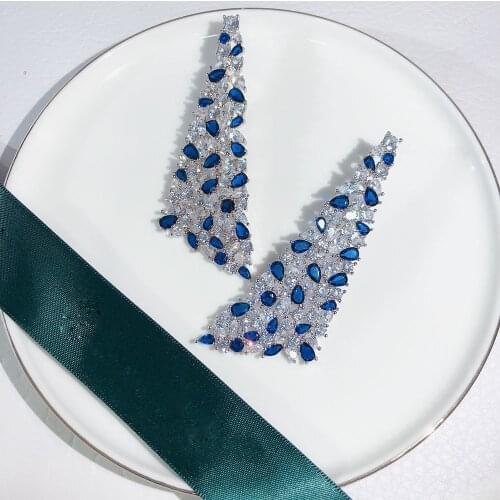 New Pattern Exaggeration Trendy Womens Earrings Anti Allergy Blue Water Drop Triangle AAA Zircon Shining Luxurious White Love