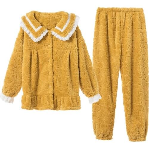 2020 Autumn Winter Women Pajama Set Coral fleece Thick Warm Long Sleeve Pants Pajamas Sleepwear Female Cute Lace Homewear