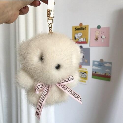 Real Mink Fur Teddy Bear Charm Keychain Plush Cute Toys Trinket Keyring Bag Hanging Car Key Ornament Women Jewelry Party Gifts