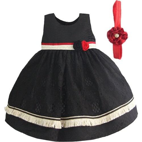Formal Baby Girls Birthday Party Dress with Headband Red Black Bow Belt Ball Princess Kids Dresses for Girls Clothes 3-12M