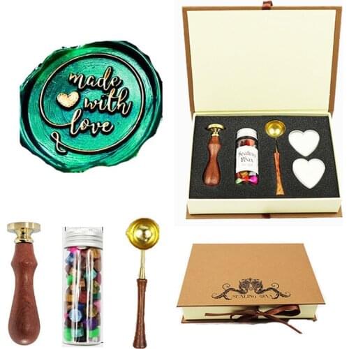 Made With Love Script Wax Seal Stamp Kit Gift Book Box Rosewood handle Wax Beads Melting Spoon Set,Wedding Invitations Stamp