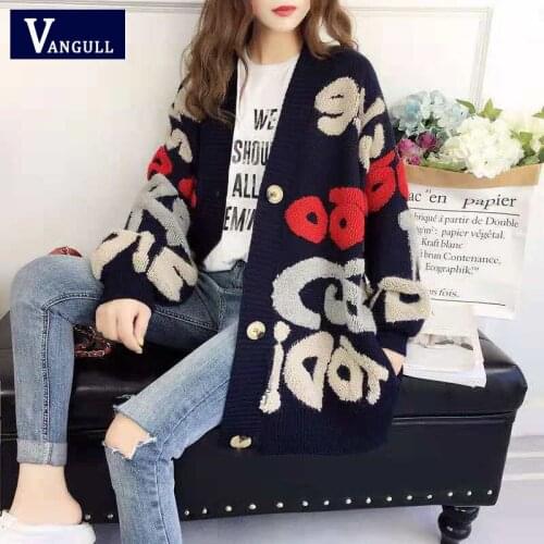Vangull Women Letter Print Knitted Sweater 2021 Spring Autumn New Korean Long Sleeve Single Breasted Thick Loose Cardigans