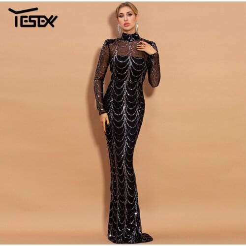 Yesexy 2021 Women Party Dresses Sexy Maxi Elegant Long Sleeve Sequins Evening Vestidos Bodycon See Though New Fashion Dress