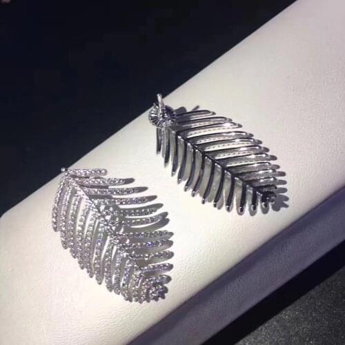 Leaf feather stud earring 925 sterling silver blingbling fine women jewelry free shipping tredndy