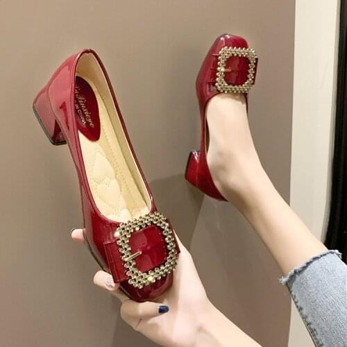 Womens single shoes 2021 all kinds of square head thick heel fairy wind metal buckle red middle sole shoes Breathable
