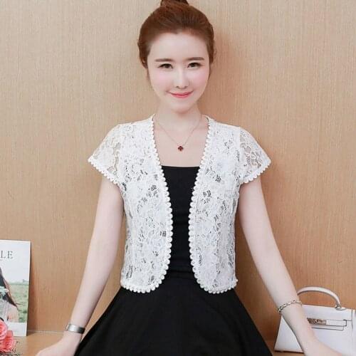2021 Summer New Women Hollow Out Lace Cardigan Jacket Wild Short Short Sleeve V-neck Beading Sun Protection Shawl Coat Y48