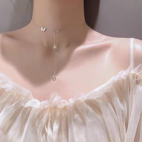 Butterfly Crystal Adjustable 925 Sterling Silver Necklace For Women Girls Korean Fashion Clavicle Chain Jewelry Gifts
