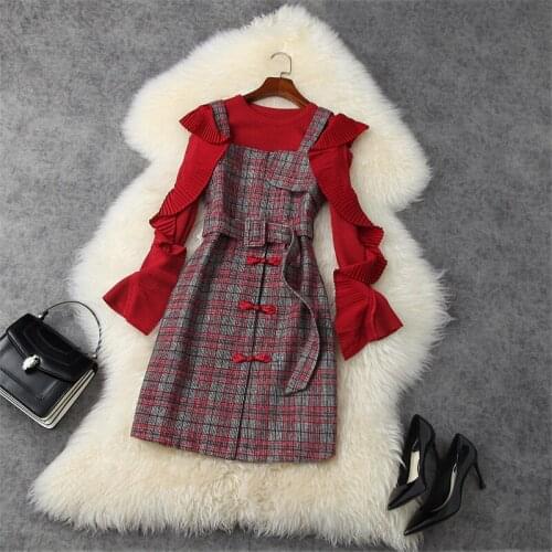 2020 New Fashion Runway Women Long Sleeve Ruffle Patchwork Sweater and Plaid Woolen Dress Winter Clothes Robe Femme Vestidos