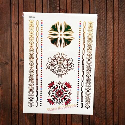 1PC Flash Gold Metallic Tattoo Henna Flower Link Chian Bracelet Design Women Body Waist Art Temporary Arm Tattoo Stickers AYH086