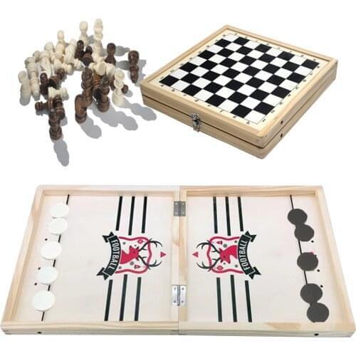 2 IN 1 Wooden International Chess Set Wooden Chess Fast Hockey Sling Puck Board Game Checkers Puzzle Game For Children