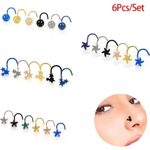 6Pcs/Set Colorful Flower Maple Leaf Foot Spider Shape Surgical Steel Nose Studs Screw Ring Bone Bar Pin Piercing Jewelry