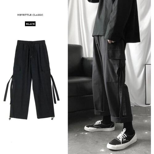 Cargo Pants Men Streetwear Hip Hop Pants Loose Korean Style Ankle Length Trousers Overalls Elastic Waist Black Gray Techwear