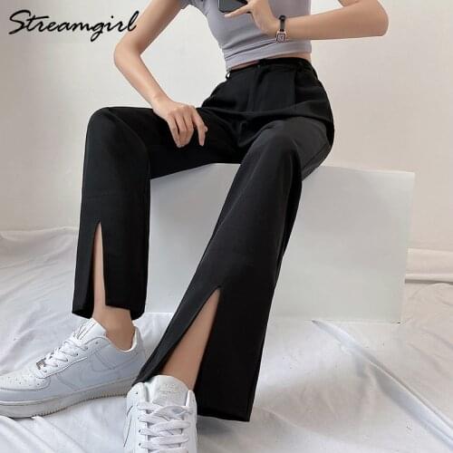 Streamgirl Women Office Pants With Slits 2021 Trouser Suits Vintage High Waist Black Casual Pants Women Loose Wide Leg Trousers