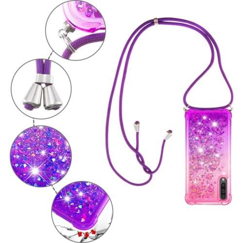 Gradient Crossbody Phone Strap Case For Samsung A50 A50s A30s Glitter Liquid Quicksand Air Cushion Reinforced Corners Cover