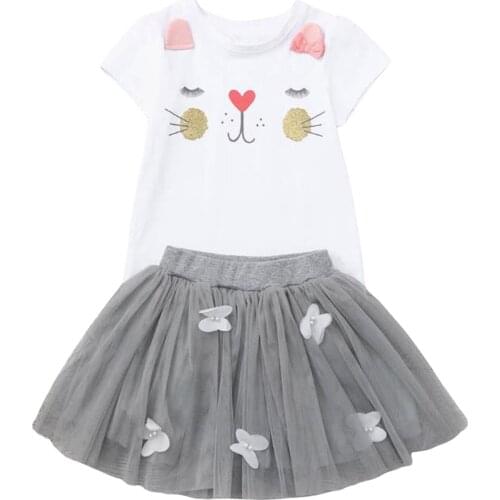 Girls Clothing Set Sweet Cartoon Cat Print Short Sleeve T-Shirt and Tulle Skirt Two-piece Suit for Birthday Party Vacation