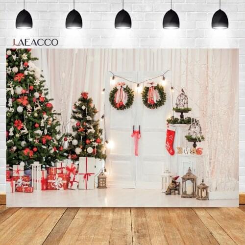 Laeacco Merry Christmas Backdrops For Photography Indoor White Curtain Christmas Tree Gift Baby Portrait Background Photo Studio
