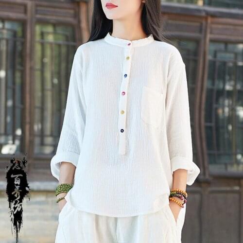 LZJN 2020 Summer Tops Blusas Long Sleeve Shirt Casual Women Cotton Linen Blosues Tops Chemise Femme
