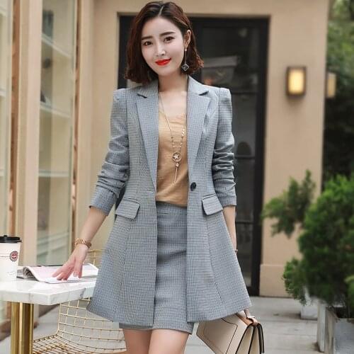 Fashion autumn elegant Plaid blazer+skirt 2 Piece Sets office Interview Work wear Business formal women lattice skirt suit Sets