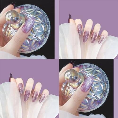 Crystal Purple cat eye UV gel false nails 24pcs with glue lady full nail tips Middle-long cute fake nails Bride