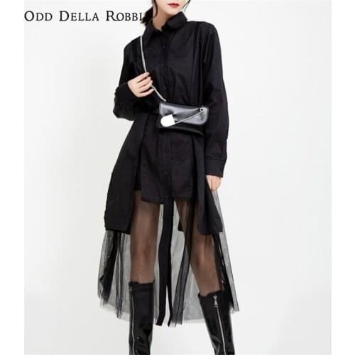 OddDellaRobbia Autumn Womens 2021 French Over-The-Knee Mesh Shirt Dress Hepburn Style Temperament Little Black Dress 1151