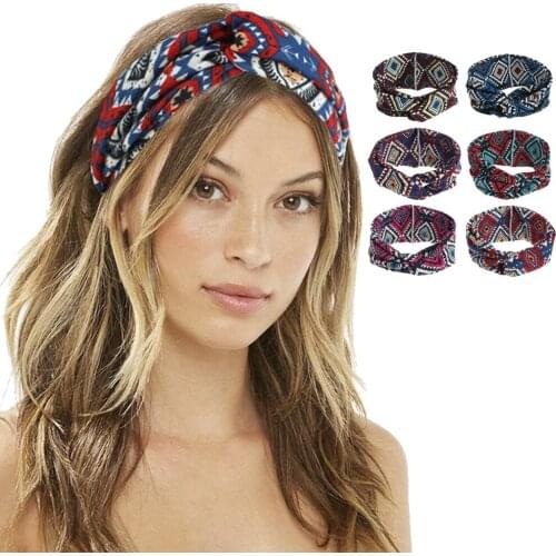 Bohemia Women Twisted Headband Floral Prints Elastic Turban Cross Knot Hair Band Wide Stretch Girls Hairband Hair Accessories