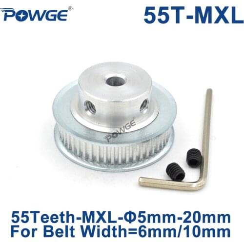 POWGE Inch Trapezoid 55 Teeth MXL Timing pulley Bore 5/6/8/10/12/15/20mm for width 6/10mm MXL Synchronous Belt Gear 55teeth 55T