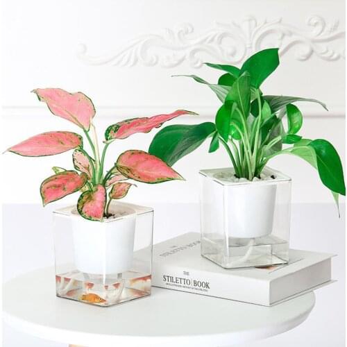 Clear Self Watering Pot Planter Imitation Glass Square Plastic Flower Pots Succulent Plants Hydroponic Flowerpot Indoor Outdoor