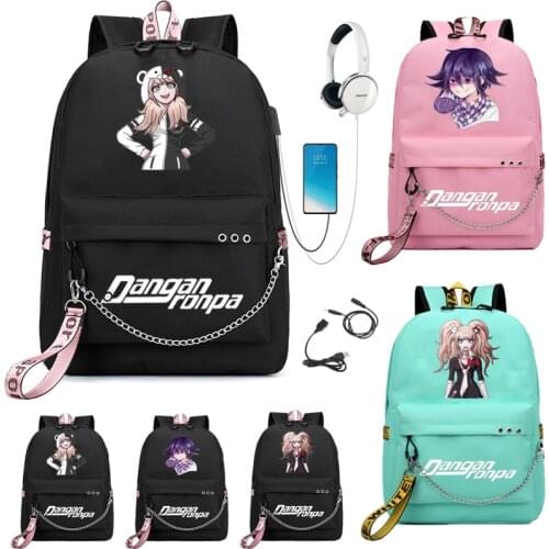 School Backpack Anime Danganronpa Teenagers School Backpack USB Port Monokuma School Bag Bear Pattern Student Book Travel Bag