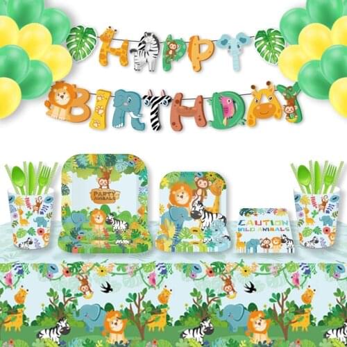 Woodland Jungle Animals Disposable Tableware Jungle Safari Birthday Party Kid Zoo Monkey Lion Zebra Elephant One 1st Boy Forest