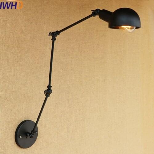 IWHD Loft Industrial Retro Wall Light Fixtures LED Black Shade Retro Edison Long Arm Wall Lamp Sconce Vintage