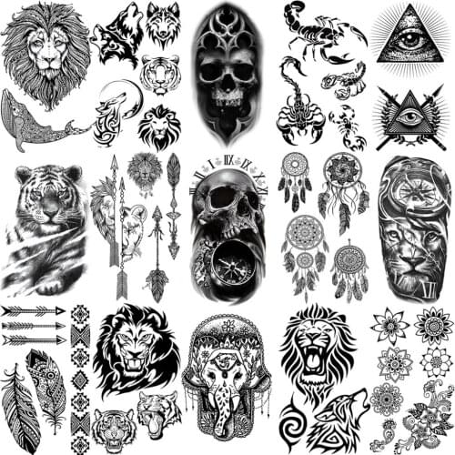 Lack Skull Tiger Elephant Whale Lion Temporary Tattoos For Women Adult Men Henna Feather Arrow Fake Tattoo Arm Hands Small Tatoo