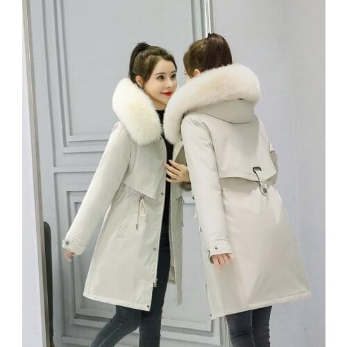 Womens Warm Jacket with Fur Collar Winter Warm Korean Long Parkas Solid Elastic Waist Thick Cotton Puffer Coats for Women