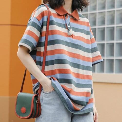 Women Vintage T-shirt 2020 Summer New Turn-down Collar Striped Short Sleeve Loose T Shirt Woman Casual Tops