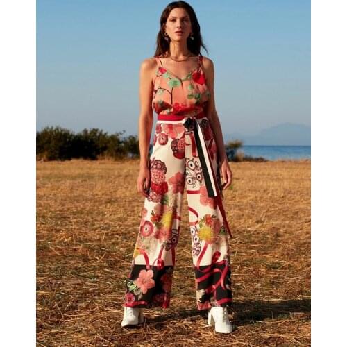 Women Ecru Flower Printed Wide Leg Belted Palazzo Trousers Casual Spring Summer High Waist Pants Casual Street Wear New 2021