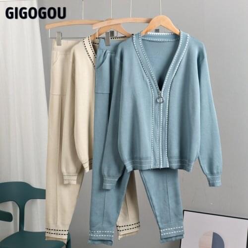 GIGOGOU Vertival Harem Carrot Pants Suits Vintage Zipper Women Cardigan Sweater Tracksuits Knit Jumper y2k Two Piece Tracksuits