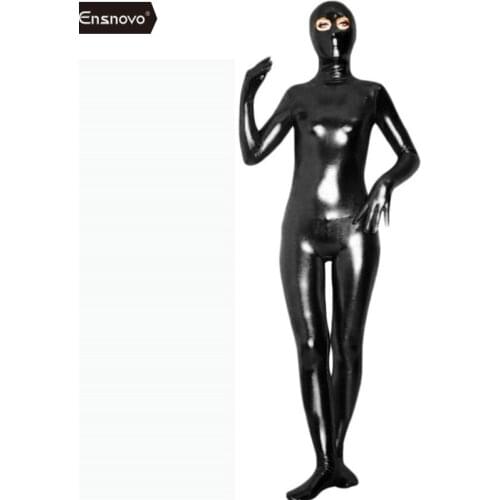 Ensnovo Women Spandex Bodysuit Black Shiny Metallic Zentai Catsuit Custom Skin Open Eyes Full Body Costume