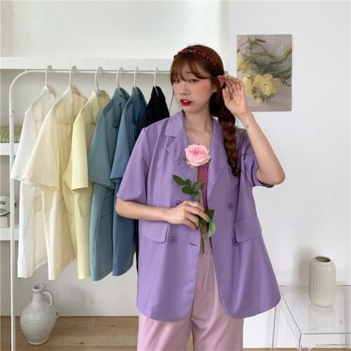 2020 Women Summer Candy Color Thin Loose Blazer Suit Coat Short Sleeve Double Breasted Jacket Cardigan Out Wear Top