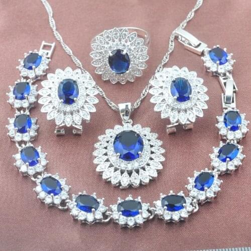 AAA Quality Blue Cubic Zirconia Silver Color Womens Jewelry Sets Wedding Bracelet Necklace Pendant Earrings Ring YZ0448