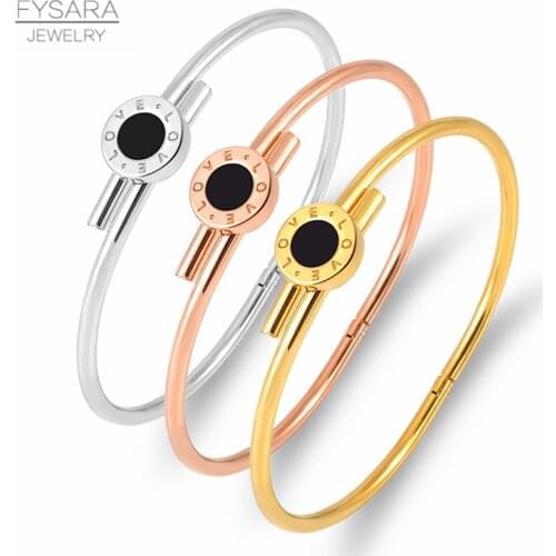 FYSARA Love Letter Round Charm Bracelets & Bangles for Women Stainless Steel Simple Wire Bracelets Rose Gold Color Lovers Gift