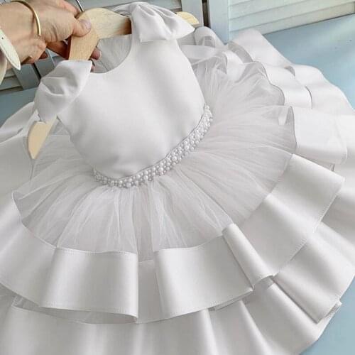 Toddler Bowknot Kids Princess Dresses For Girls Clothing White Tulle Birthday Party Wedding Dress Elegant Bride Lace Costume 10Y
