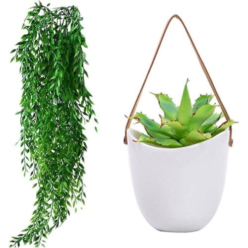 2Pcs Artificial Hanging Plants Garland Fake Willow Leaves Ivy Vine & 2PCS Wall Planters White Ceramic Plant Pot