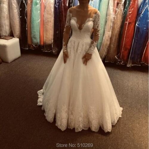 Ball Gown Wedding Dress Sheer Natural Waist Long Sleeve Illusion Back Eyelash Lace Bridal Gowns Vestido Branco Organza Casamento